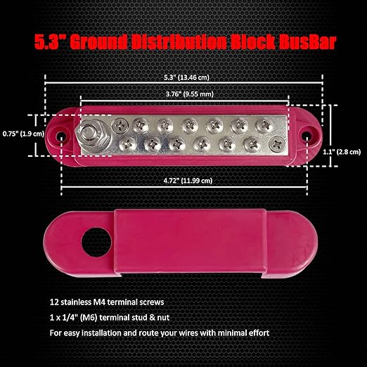 1/4" Stud Power Distribution Block Bus Bar with 12 x #8 Screws, Ampper 5.3" 12V 150A Marine BusBar Battery Distribution Block W/Cover for Car Audio Boat Solar (Red)