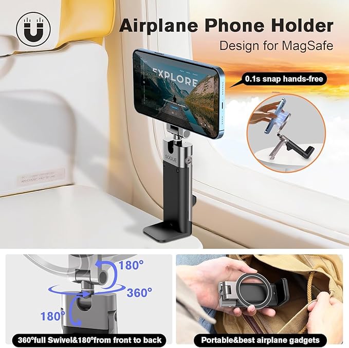 Airplane Travel Essentials Phone Holder,Plane Phone Mount for MagSafe,Foldable Magnetic Phone Stand for Desk 360° Swivel,Universal in Cruise Airplane Travel Gadgets for Men Women for iPhone 17