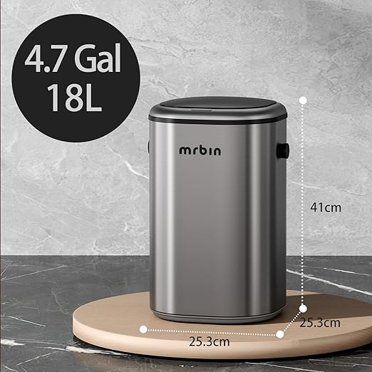MRBIN Stainless Steel Adsorption Motion Sensor Trash Can Removable, 18L / 4.8gal Automatic Absorbing Bag Lidded Garbage Bin with Wheels, Waste Basket for Kitchen, Bathroom, Eclipse Grey