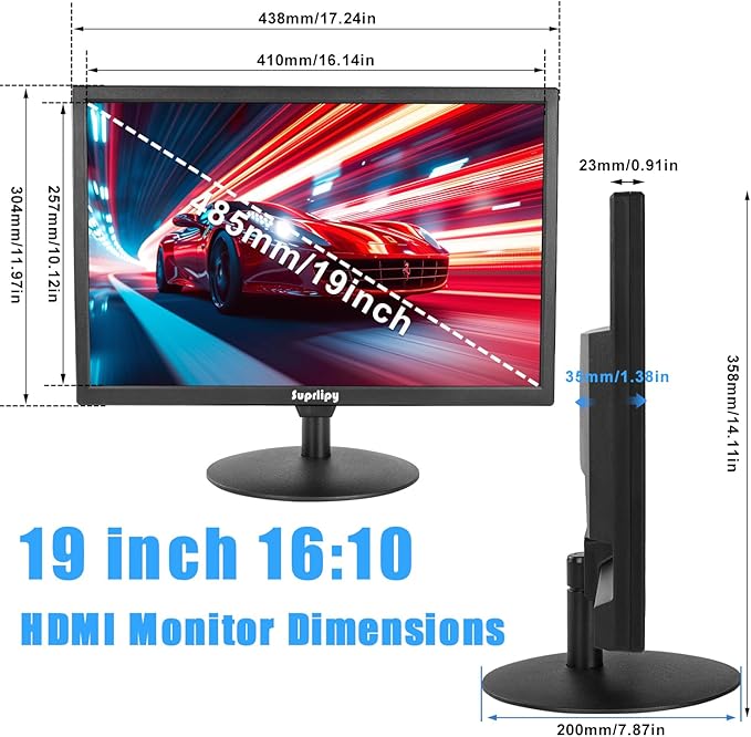 Suprlipy 19 inch FHD Small IPS Monitor LCD Display Screen 1440x900 60Hz 16:10 with HDMI BNC VGA AV USB Input Built-in Lounspeakers for CCTV Security Camera DVR PC RasPi