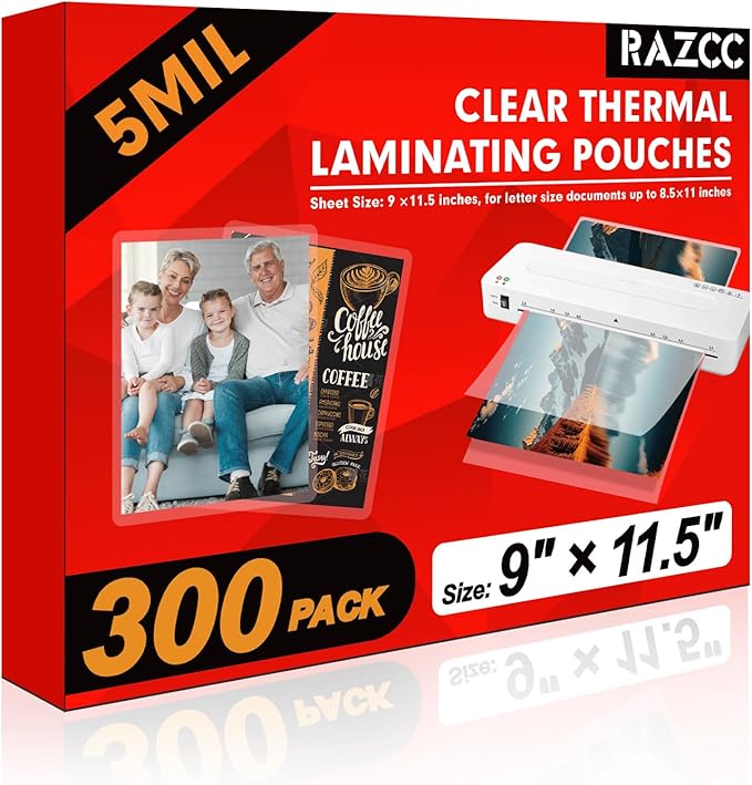 RAZCC Laminating Sheets, 300 Pack Clear Thermal Laminating Plastic Paper Laminator Sheets, 9 x 11.5-Inch, 5mil, Ideal Office or School Supplies