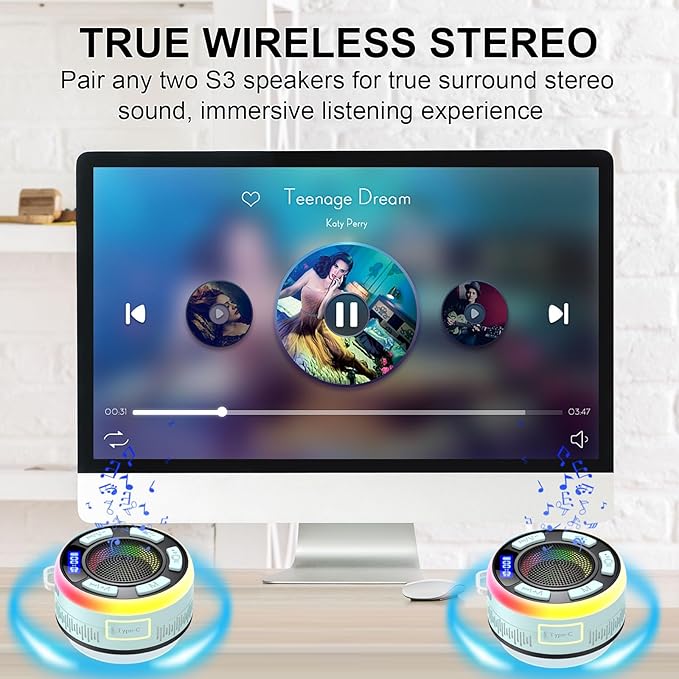 Shower Bluetooth Speaker IPX7 Waterproof, Portable Bluetooth Speakers with Suction Cup and Time Display, Crystal Sound&Bass LED Light 1100mAh, Wireless Shower Speaker for Outdoor/Kayak/ Light Cyan