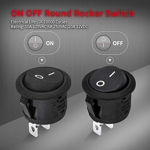 DaierTek UL Listed ON Off Round Rocker Switches SPST 20mm Mini 12 Volt DC Mini Circle Toggle Switch 12V for Car Automotive RV 2 Pin Switch 120V Wired KCD1-5Pack