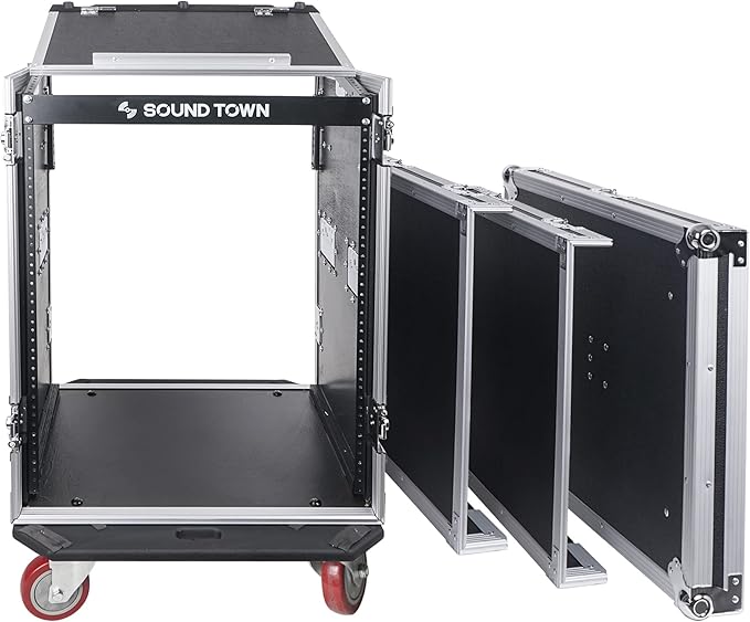 Sound Town Heavy-Duty 1/2" (12mm) 14U PA DJ Rack/Road Case with 11U Slant Mixer Top, 20’’ Rackable Depth and Casters, 14-Space ATA Case, Pro Tour Grade (STMR-14UW)