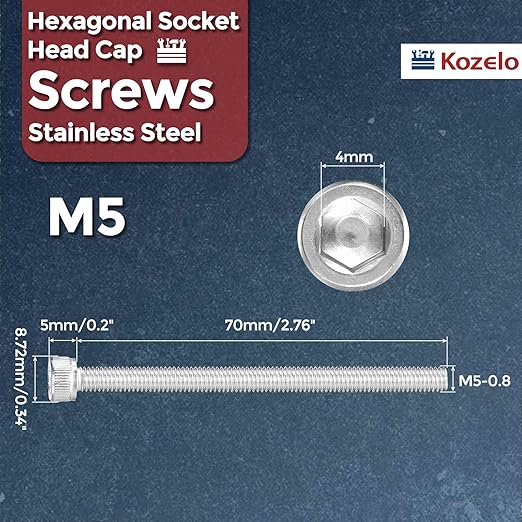 Kozelo 20pcs Socket Head Cap Screws - [M5-0.8 x 70mm] 304 Stainless Steel Allen Socket Drive for Electrical Motor 3D Printing Fan Engine Replacement Use, Silver