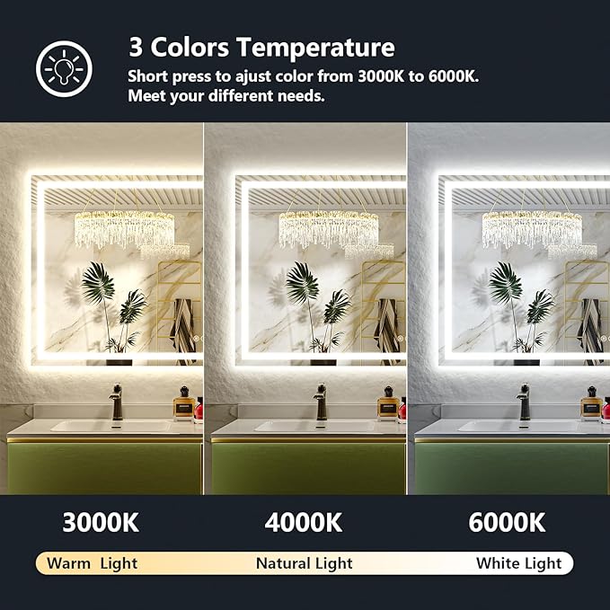 YEELAIT 68x36 Inch LED Bathroom Mirror with Lights Front and Backlit Lighted Vanity Mirror for Bathroom Wall with 3 Colors Dimmable Anti-Fog Memory Shatter-Proof IP54 Waterproof Horizontal/Vertical