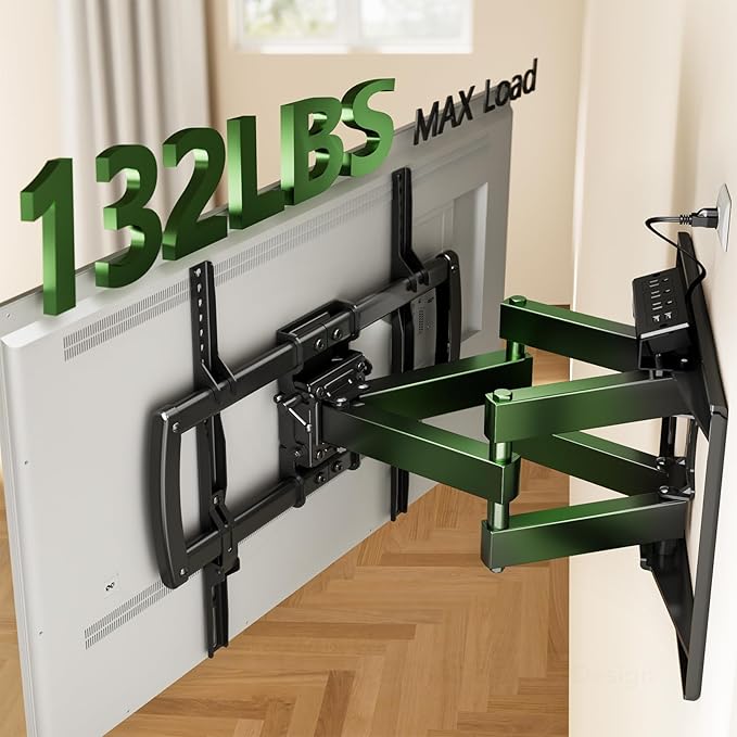 Full Motion TV Wall Mount Bracket with Power Outlet for Most 32-85 inch TV,TV Mount Dual Articulating Arms,Tilt/Swivel/Extension/Leveling,Fits 8” 12” 16" Studs,Max Vesa 600x400mm, Holds up to 132lbs