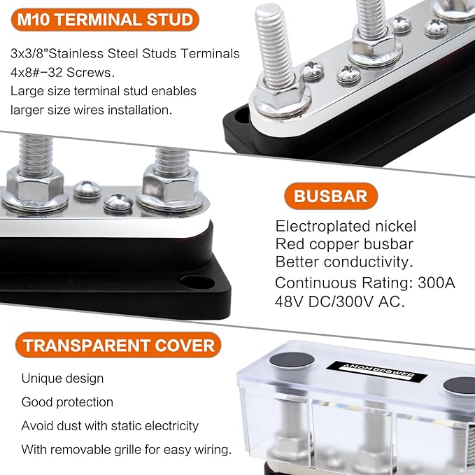 AMOMD 300A Bus Bars 3 Terminal Studs (3/8 inch) M10 4 8#-32 Screws Nickel Plated Copper Distribution Block Negative Electrical Buss Bars 12-48 V DC with Cover for Trailer Marine Boat Car RV (Black)