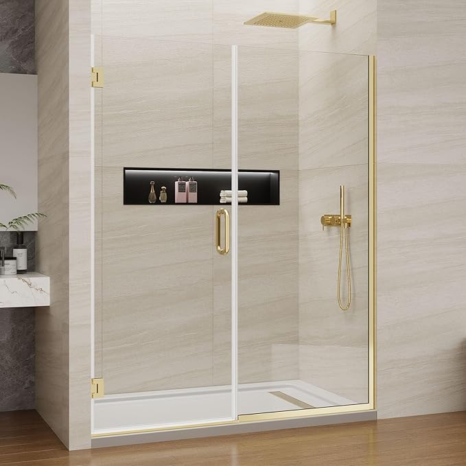 Pivot Swing Shower Door, Adjustable Width 58.9-60" W x 74" H Semi-Frameless Shower Glass Door with 5/16 in (8mm) Clear SGCC Tempered Glass with Nano Easy-Clean Coating (Brushed Gold)