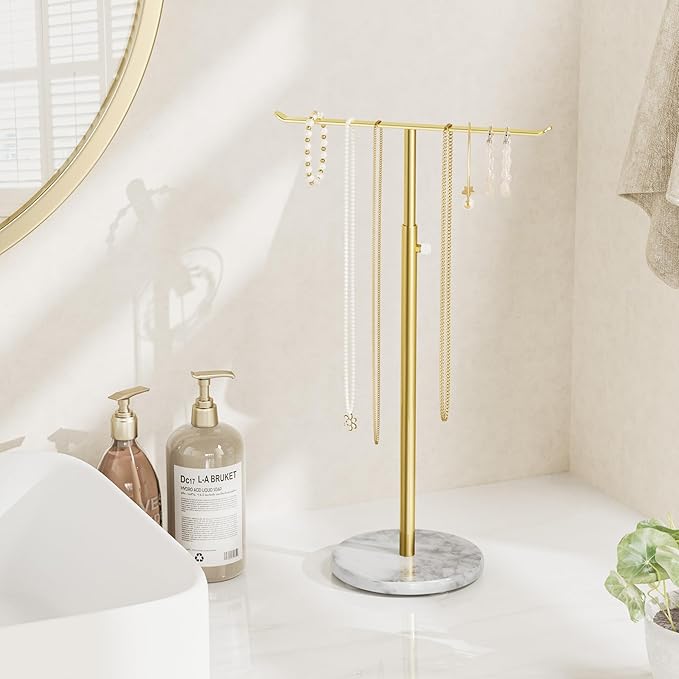 Josmimic Gold Necklace Holder Jewelry Organizer Stand – Adjustable Height T‑Bar Jewelry Display with White Marble Base, Necklace & Bracelet Holder, Countertop Jewelry Stand