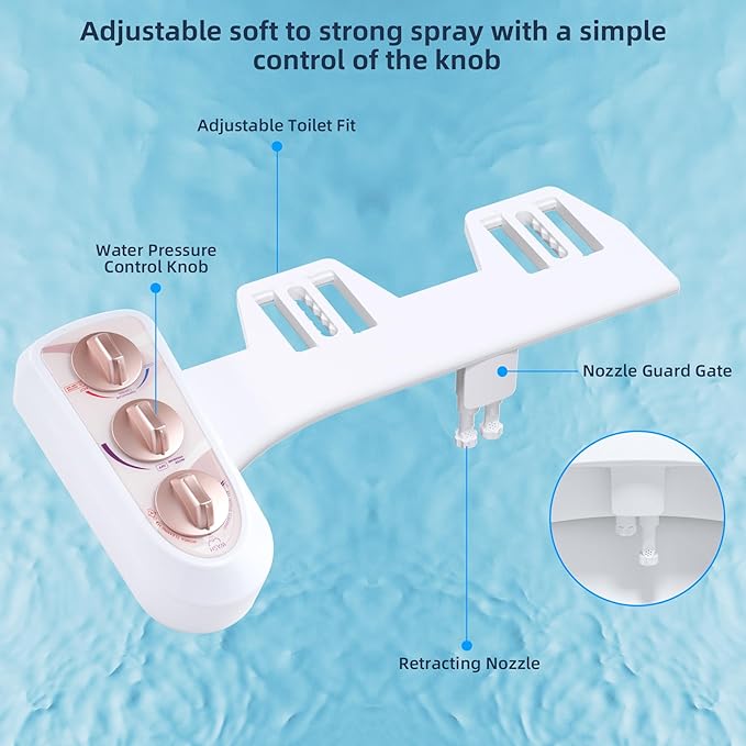 Hibbent Bidet Attachment for Toilet with Self Cleaning Dual Nozzle, Hot and Cold Water Spray Non-Electric Mechanical Toilet Seat Bidet for Rear or Female Washing Sanitizing, Rose Gold