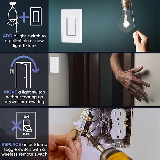 RunLessWire 3-Way Battery-Free DIY Wireless Light Switch Kit 150ft RF Range Self-Powered by Kinetic Energy for Hallways & Stairways: 2 Remote Switches Control 1 5A On/Off Receiver – White