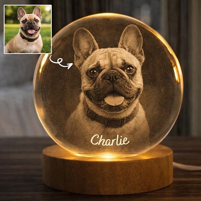 Herihues Personalized 3D Photo Crystal Ball, Custom Engraved Picture Lamp with Wood Base, Night Light for Dog Lovers, Dog Memorial Gifts, Loss of Pet Sympathy Gift Night Light, Custom Photo Portrait