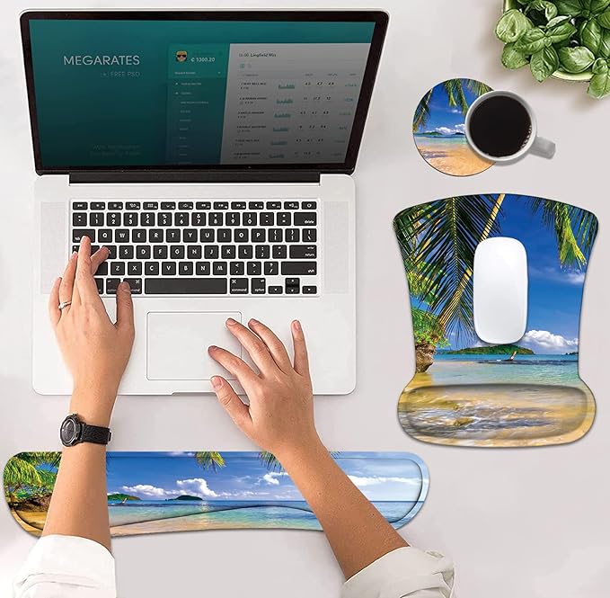 Ergonomic Mouse Pad Wrist Support and Keyboard Wrist Rest Set with Coasters, Non-Slip PU Base, Easy Typing and Relieve Wrist Pain, Perfect for Home Office Working Studying, Shore Palms Tropical Beach