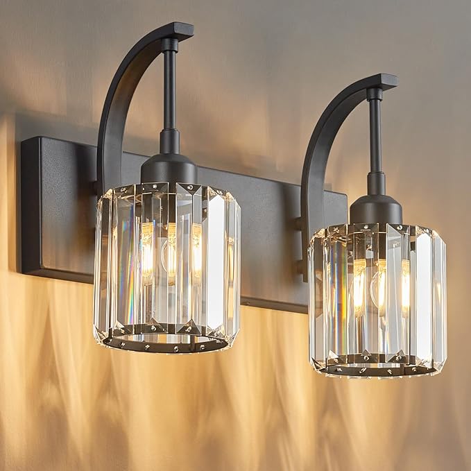 FDPBY Bathroom Crystal Vanity Lights 2-Light Black Wall Lamp Modern Crystal Bathroom Light Fixtures Over Mirror 13.77" Long Wall Sconce