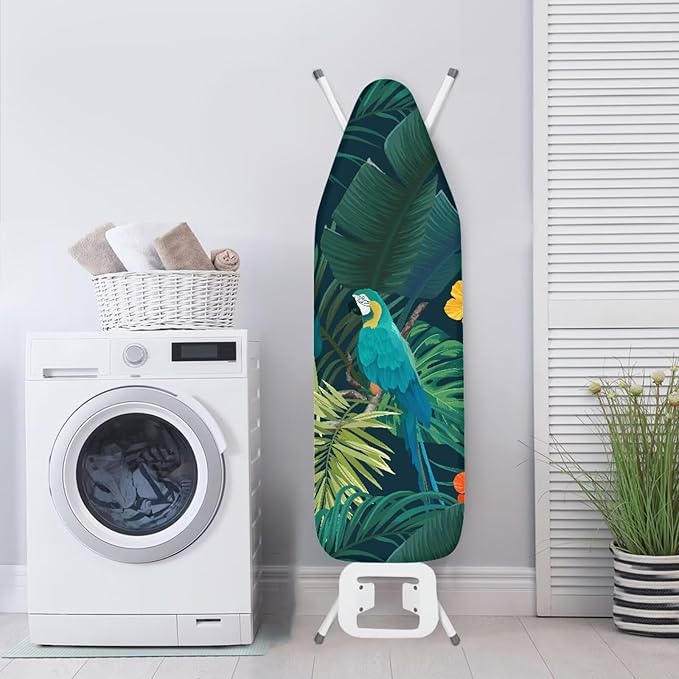 ZCFYGDX Ironing Board Cover Easy Install with Elastic Edge 3 Bottom Nylon Buckle Straps Breathable Ironing Decor Suitable for Wide Ironing Board House Decor Parrot Palm Leaf Print Size-L