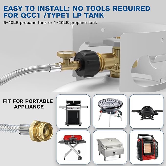 NQN 12FT Stainless Braided Propane Adapter Hose with Gauge, Propane Tank Hose Adapter 1lb to 20lb Converter for QCC1/Type1 Coleman Camp Stove, Buddy Heater, Tabletop Grill&More 1lb Portable Appliance