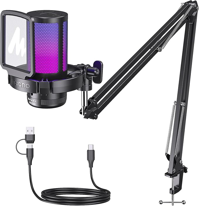 MAONO Gaming USB Microphone, Noise Cancellation Condenser Mic with Mute, Gain, Monitoring, Boom Arm Mic for Streaming, Podcast, Twitch, YouTube, Discord, PC, Computer, PS4, PS5, Mac, GamerWave DGM20S