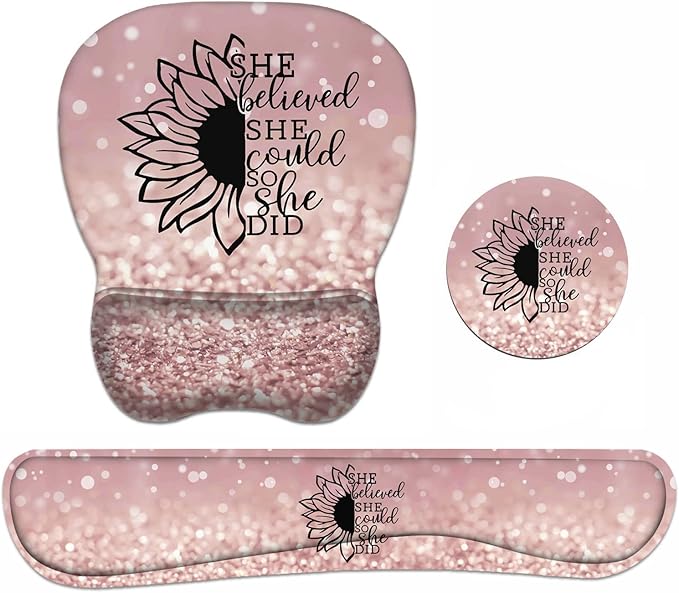 Mouse Pad Wrist Support and Keyboard Wrist Rest Set with Coasters, She Believed She Could So She Did Inspirational Quote with Non-Slip PU Base Ergonomic Mousepad for Home Office Working Studying