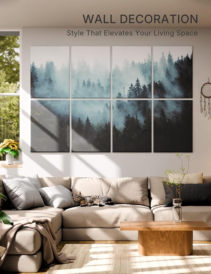 Wall Art Acoustic Panels,70''×47''Sound Absorbing Panels-8-Pack with 60 Adhesive Tabs, Panels for Living Room and Recording Studio, Offices-Foggy Nature Forest