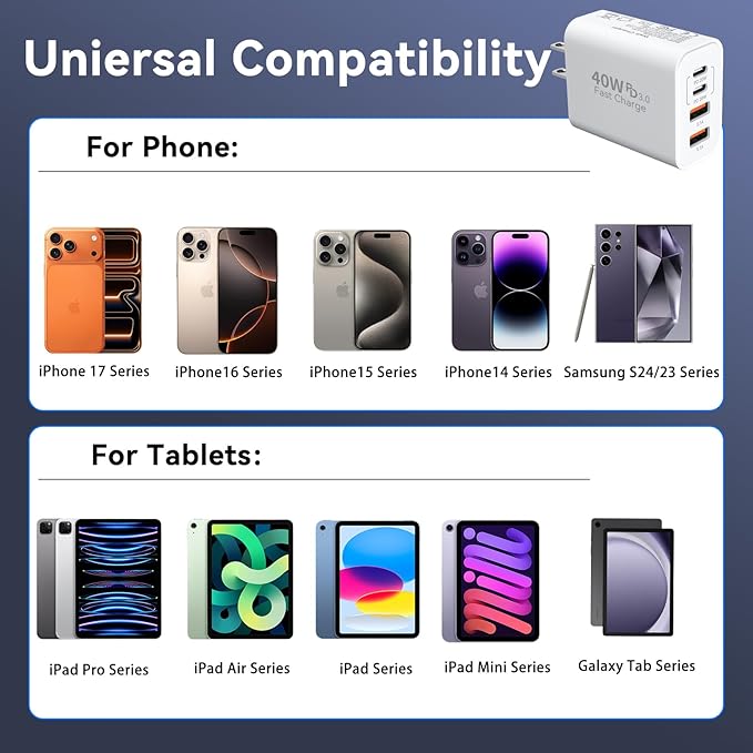 USB C Wall Fast Charger Block, 40W 4-Port Type C Chargers Fast Charging Blocks PD Power Charger Adapter+QC 3.0 USB Multiport Charger Brick for Phone 17/16/15/14/13/12 Pro Max, i-Pad, Galaxy S25-3Pack