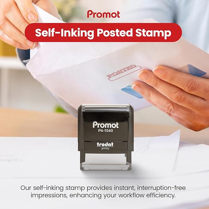 Promot Posted Self Inking Rubber Stamp - Refillable Stampers for Office - Business, Accounting, Bookkeeping, Coding, Legal, Notary, Work, Ordering, Inventory Stamps - Red Ink