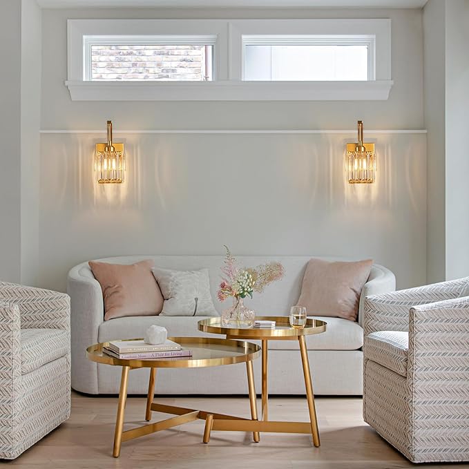 FDPBY Wall Sconces, Set of 2 Gold Crystal Vanity Lights, Modern Wall Lamp for Bathroom, Hallway, and Makeup, Easy Installation