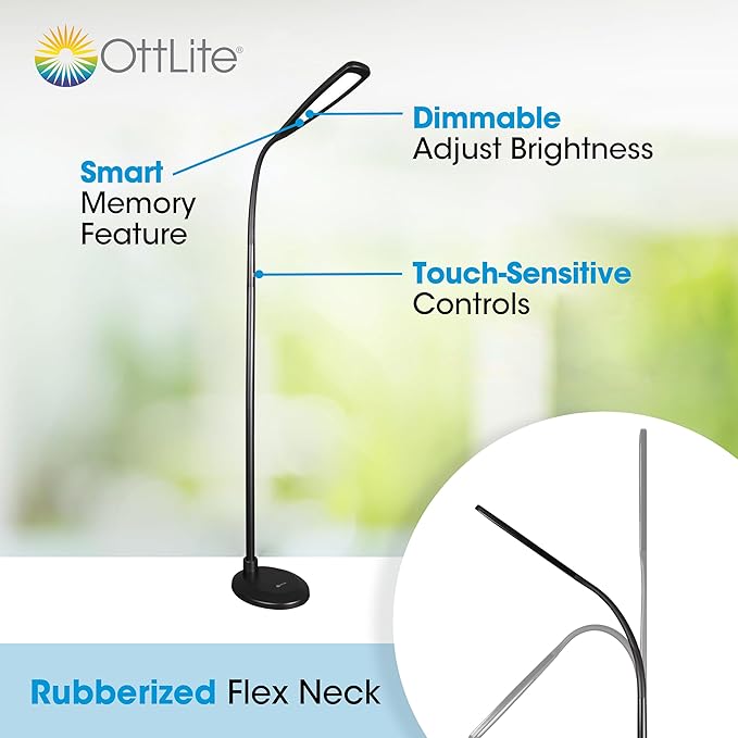 OttLite ClearSun Flex LED Floor Lamp with LED Technology - Touch Activated Controls, Adjustable Neck, Smart Memory Feature - Great for Office, Home, Dorm, Bedroom, College, & Living Room, Black