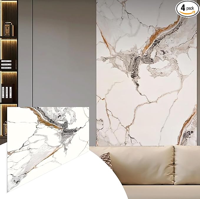 Dundee Deco Faux Marble Wall Panels - 2 ft X 4 ft - Glossy, Waterproof Indoor Wall Cladding - White, Black, Brown Veins - Set of 4 - Covers 31 sq ft