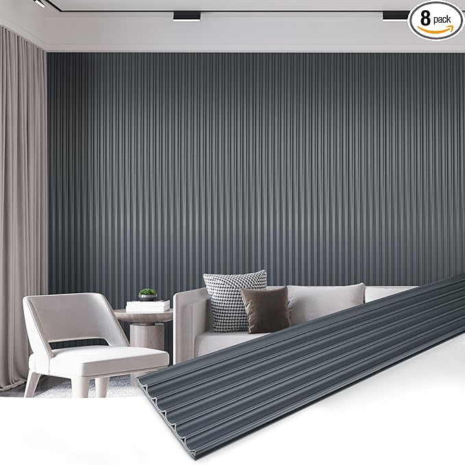 Art3dwallpanels Slat Wall Paneling, 104'' x 6.3'' Glossy Metal Finish WPC Soundproof 3D Wall Panels for Interior Wall Decor, 8 Pack Wavy Grain Panel Wall Slats, Metallic Silver Dark Gray