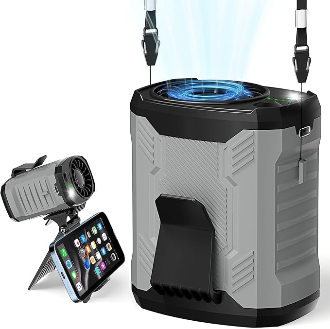 FlarePoint Portable 4-in-1 Waist/Neck/Desk Fan with Phone Stand & LED Light | 10000RPM Ultra-Fast Cooling, 4-Speed Rechargeable Battery | Lightweight for Indoor, Outdoor, Camping, Makeup(Grey)
