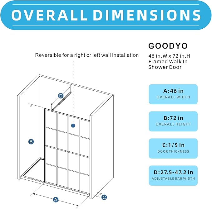 Goodyo 46" x 72" Shower Glass Door Tempered Glass Shower Screen with Towel Rack Tool Bar for Walk in Bathroom, 16-Grid Modern Desigh, Matte Black Finish