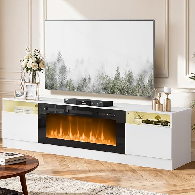 YISUFO 80” TV Stand with 36” Electric Fireplace, Large Modern Media Entertainment Center with Storage Cabinet and 12 Colors LED Lights for TVs Up to 90",White and Black