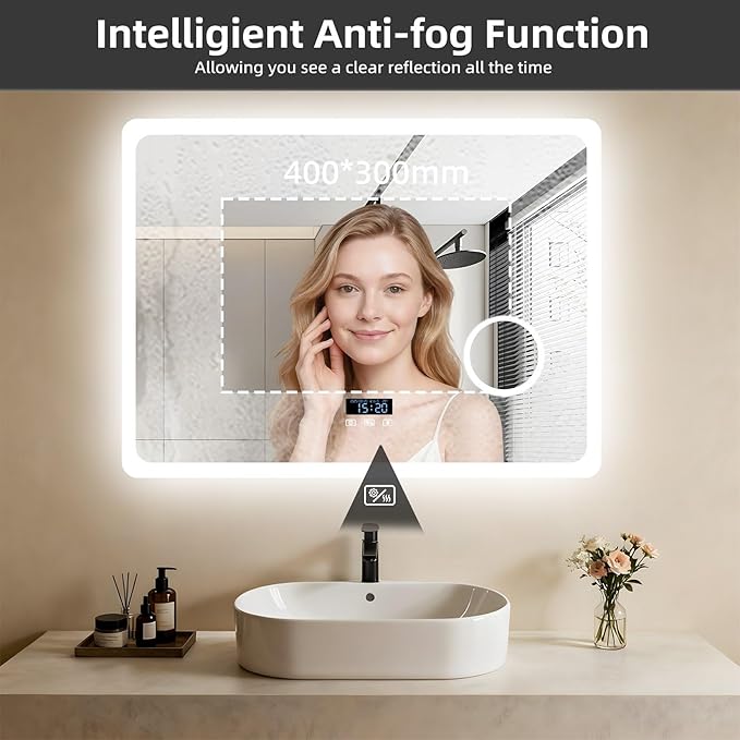 LUVODI LED Bathroom Mirror Rectangle: 32x24 inch Lighted Makeup Vanity with Bluetooth Speaker, Time Display, Magnifier, Anti-Fog, Memory Function, 3 Color Temperature