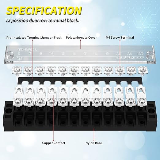 Joinfworld 35A Terminal Block 12 Position Screw Terminal Strip Dual Row with Cover and 12 Position Pre-Insulated Terminal Jumper Block - 2pcs