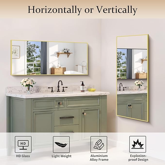 Gold Bathroom Mirror for Wall, 20x48 Inch Rectangle Mirror with Metal Frame, Modern Vanity Mirrors for Bathroom Living Room, Entryway Hangs Horizontal or Vertical