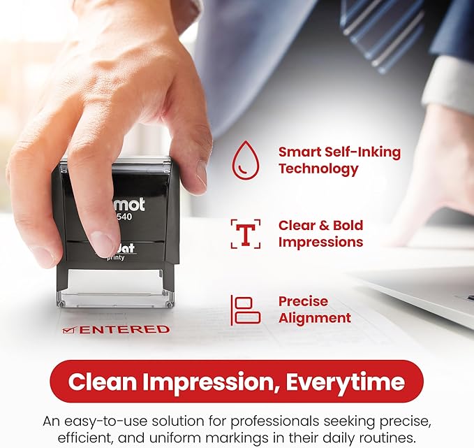 Promot Entered Self Inking Rubber Stamp - Refillable Stampers for Office - Business, Accounting, Bookkeeping, Coding, Legal, Notary, Work, Ordering, Inventory Stamps - Red Ink