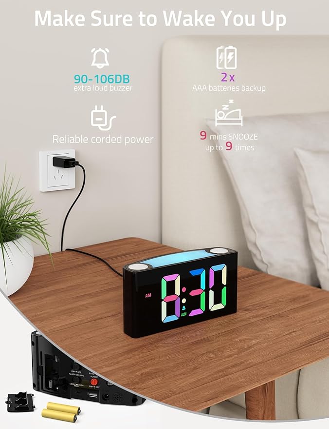 Mesqool Digital Alarm Clock for Bedrooms - Plug-in LED Clock with Dynamic RGB Digits, Dimmable Display & Night Light, 7 Color Options, Adjustable Alarm Volume, DST, 12/24 Hour - Ideal for Kids