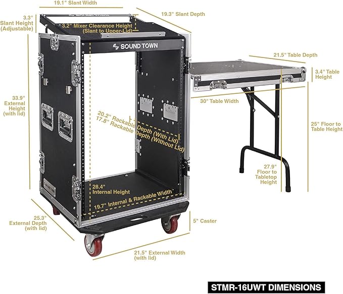 Sound Town Heavy-Duty 1/2" (12mm) Plywood 16U PA DJ Pro Audio Rack/Road ATA Case with 11U Slant Mixer Top, Locking Drawer, Side Table, 20’’ Rackable Depth and Casters (STMR-16TD3)