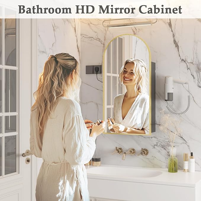 Gold Arched Bathroom Cabinet with Outlet,20 x 34 Inch Arched Medicine Cabinet with Mirror,Bathroom Mirrors for Over Sink with Storage,Surface Mounted Medicine Cabinet with Adjustable Shelf