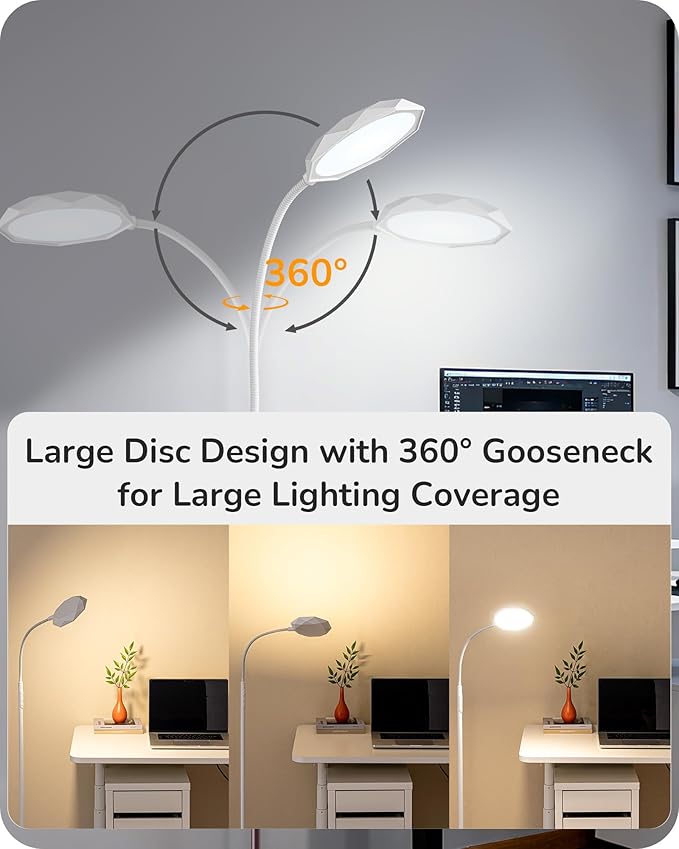 EDISHINE Gooseneck Floor Lamp, 1300LM LED Floor Lamps for Living Room, 4CCT Color Temperature Dimmable Standing Lamp, Remote & Touch Control, 30/60Min Timer Reading Light for Bedroom Office White