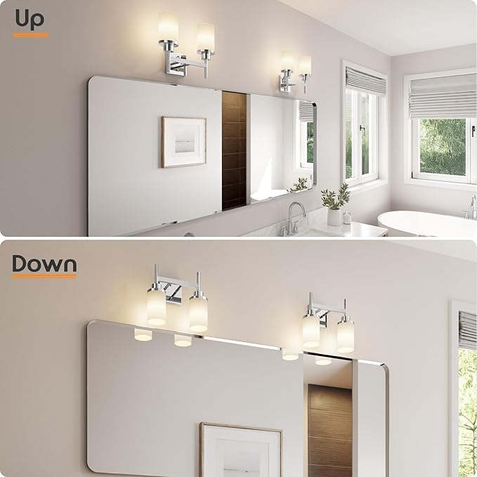 AONEON Vanity Lights Polished Chrome Bathroom Light Fixtures with White Frosted Glass Shade, Double Wall Sconces for Mirror Hallway Entrance Porch T001CH-L2