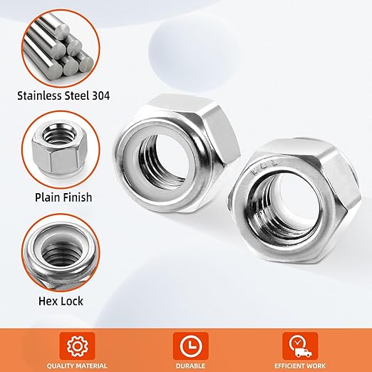MewuDecor 3/8-16 Nylon Insert Hex Lock Nuts Locknuts, 304 Stainless Steel 18-8, Bright Finish, 25 PCS