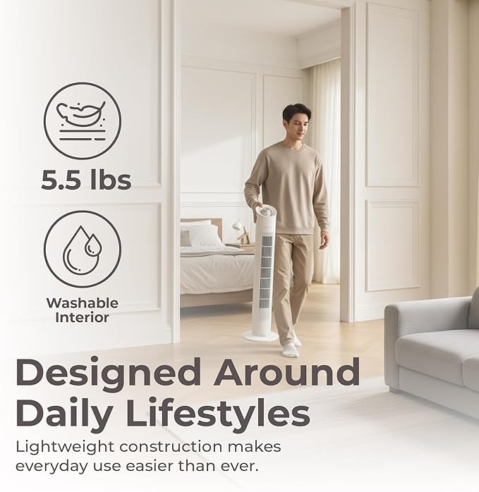 Forest Tower Fan for Bedroom - 32" Standing Fan with 70° Oscillating | Lightweight Cooling & Quiet Tower Unit for Indoors | Bladeless with 3 Speeds, 120 Min Timer & Manual Dial Control, 60 W | White