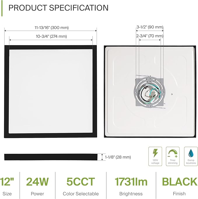 ASD LED 12" Square Flush Mount Ceiling Light Fixture, Low Profile Surface Lighting | 5CCT, Dimmable, Ultra-Thin, ETL Listed | 24W 1700LM 2700-6000K 120V | Kitchen, Bedroom, Hallway Lamp | Black
