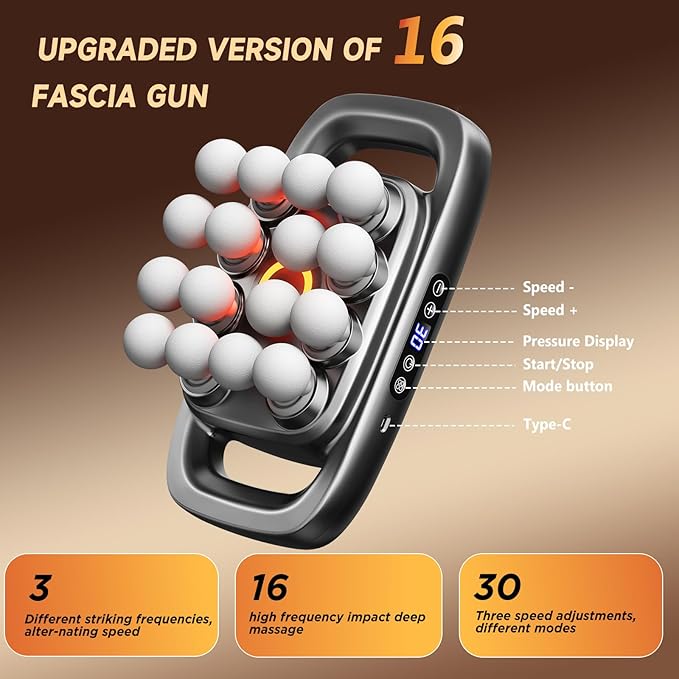 Fakosre Upgraded 16-Head Massage Gun, Deep Tissue Percussion Massager, Muscle Massage Gun for Back, Shoulders, Legs, Body Muscle Pain Relief, Gifts for Men and Women