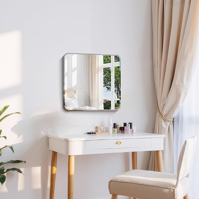 CILIBER Beveled Frameless Mirror, 18x18 Square Bathroom Mirror Rounded Corner, 18 inch Frameless Vanity Mirror, Shatterproof Lightweight Design Wall Mirror for Bedroom Living Room Entryway