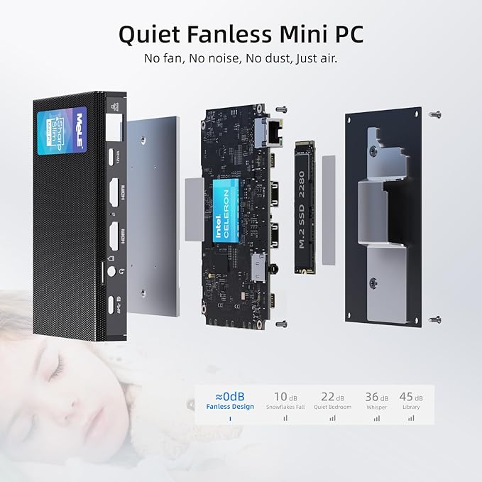 MeLE Quieter3C Fanless Mini PC, Celeron N5105, 8GB RAM, 128GB Storage, Full-Function USB-C, WiFi 5, Support Triple Screen Display, Slim Desktop on Industrial, Home, Office