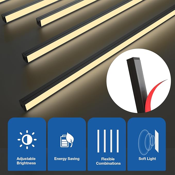 NeatiEase LED Recessed Lighting Kit for Wood Slat Wall Panel, 6 Pcs Self-adhesive 3000K Warm LED Light with Smart Switch and Adjustable Brightness for Cabinet, Headboards, Kitchen (2*24"+2*20"+2*16")