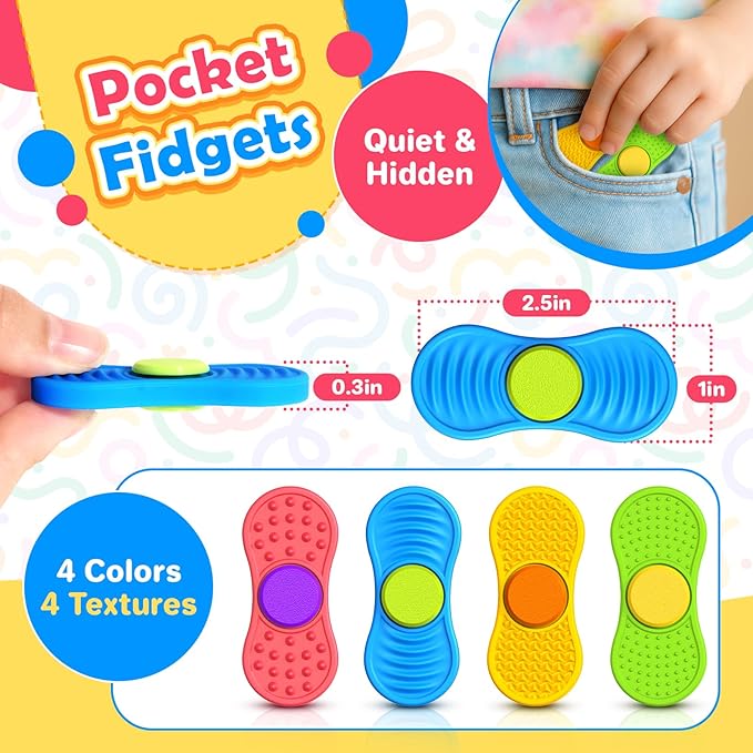 Sensory Fidget Spinnes for Kids Adults：Textured Finger Fidgets 4 Pack, Quiet Classroom Prize, Worry Stones for Kids with Autism ADHD, Anxiety Relief Office Desk Stress Toys Stocking Stuffers